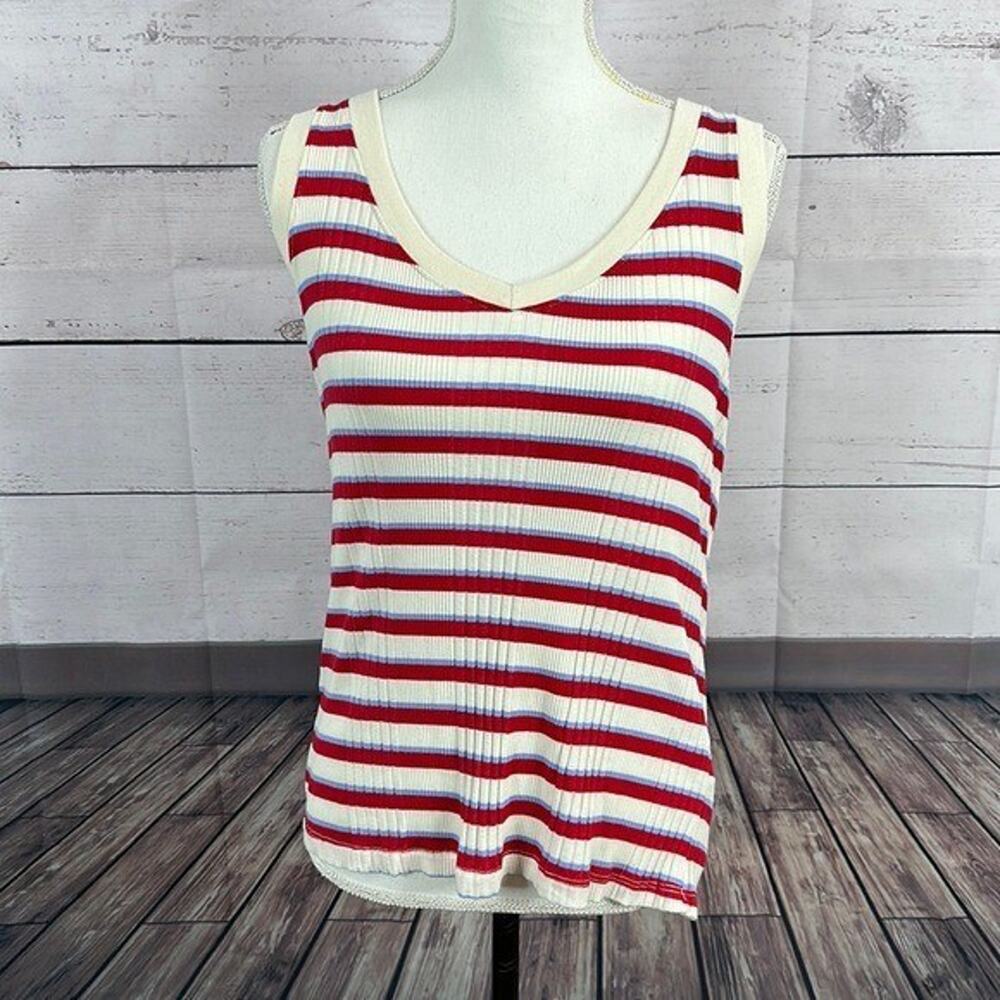 BLDWN Tank Top Shirt Womens Medium Red Striped Vneck Racer Back Ribbed Casual